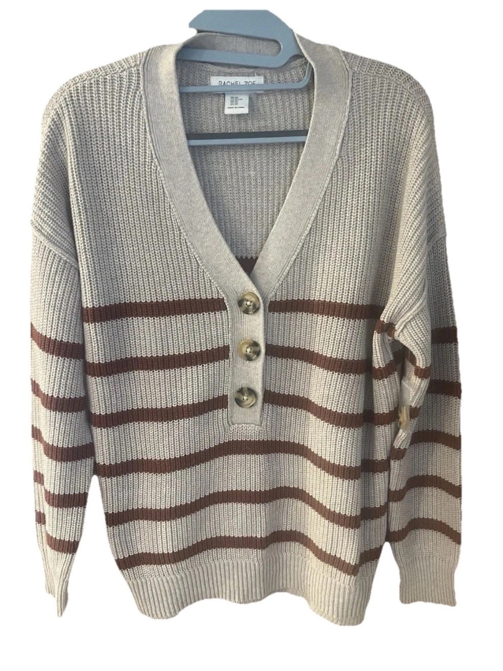 Rachel Zoe Cream and Brown Striped V-Neck Button Pullover